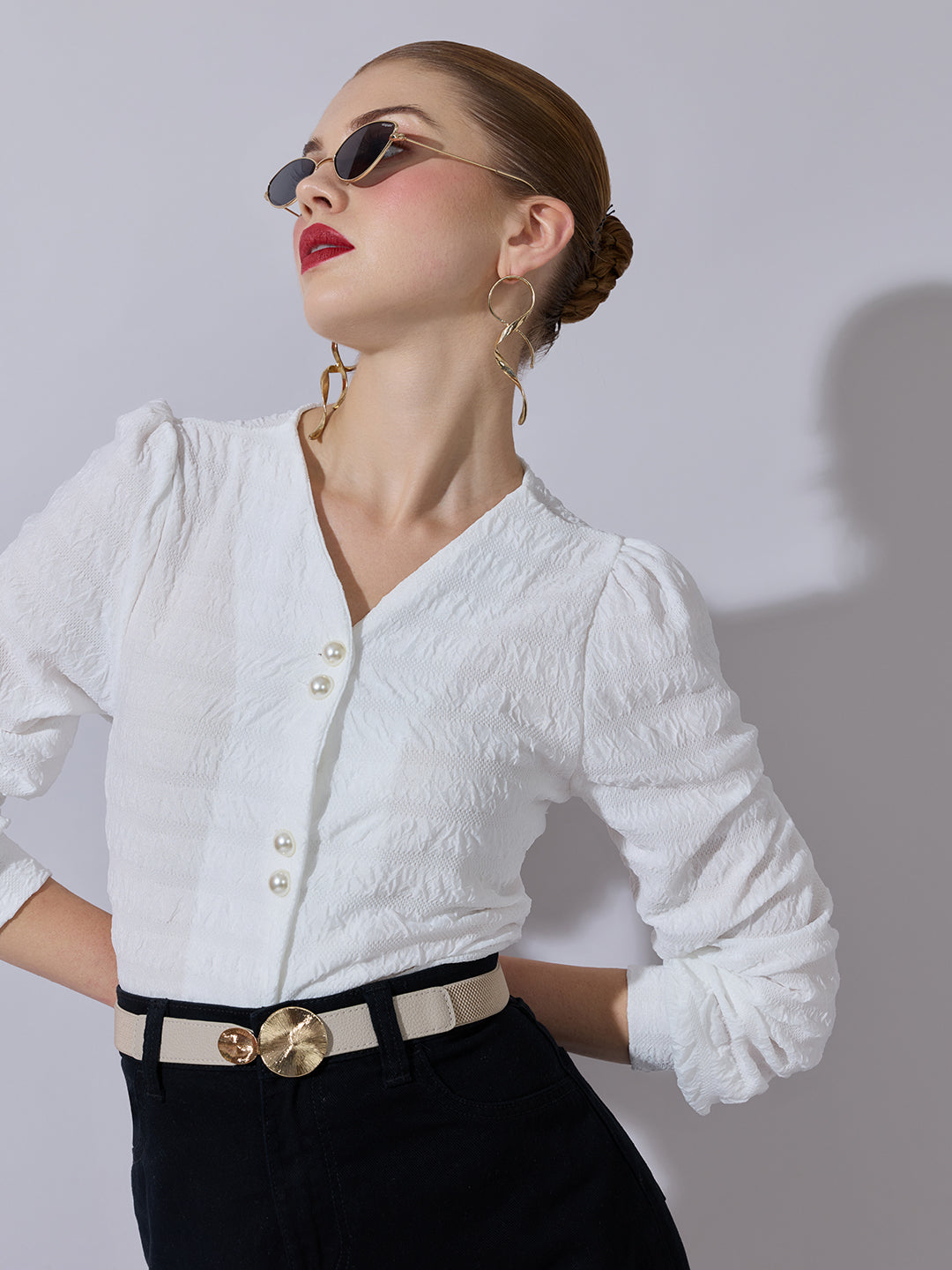 Women's Textured White V-Neck Blouse with Pearl Buttons