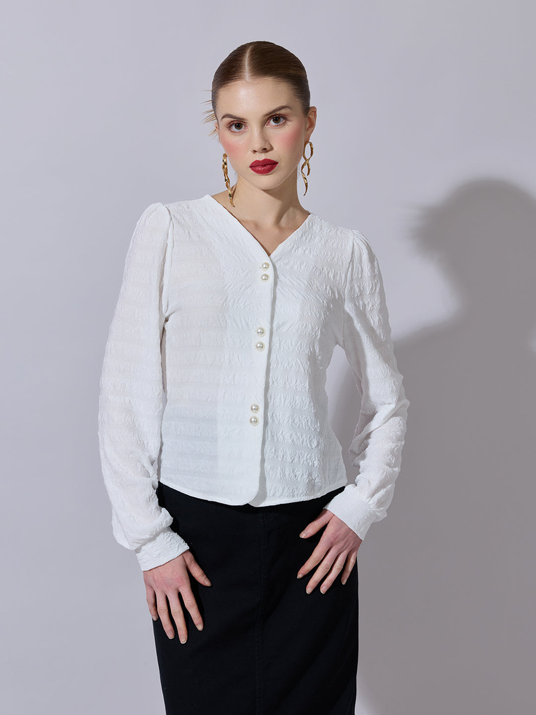 Women's Textured White V-Neck Blouse with Pearl Buttons