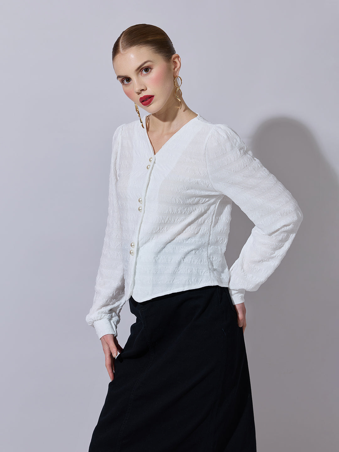 Women's Textured White V-Neck Blouse with Pearl Buttons