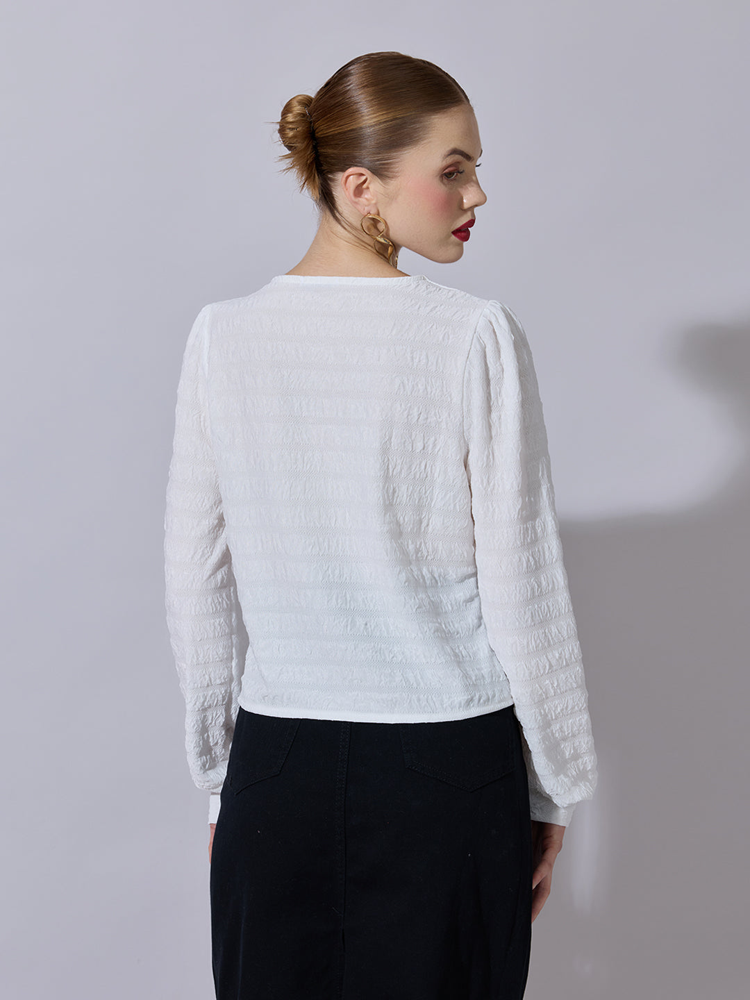 Women's Textured White V-Neck Blouse with Pearl Buttons