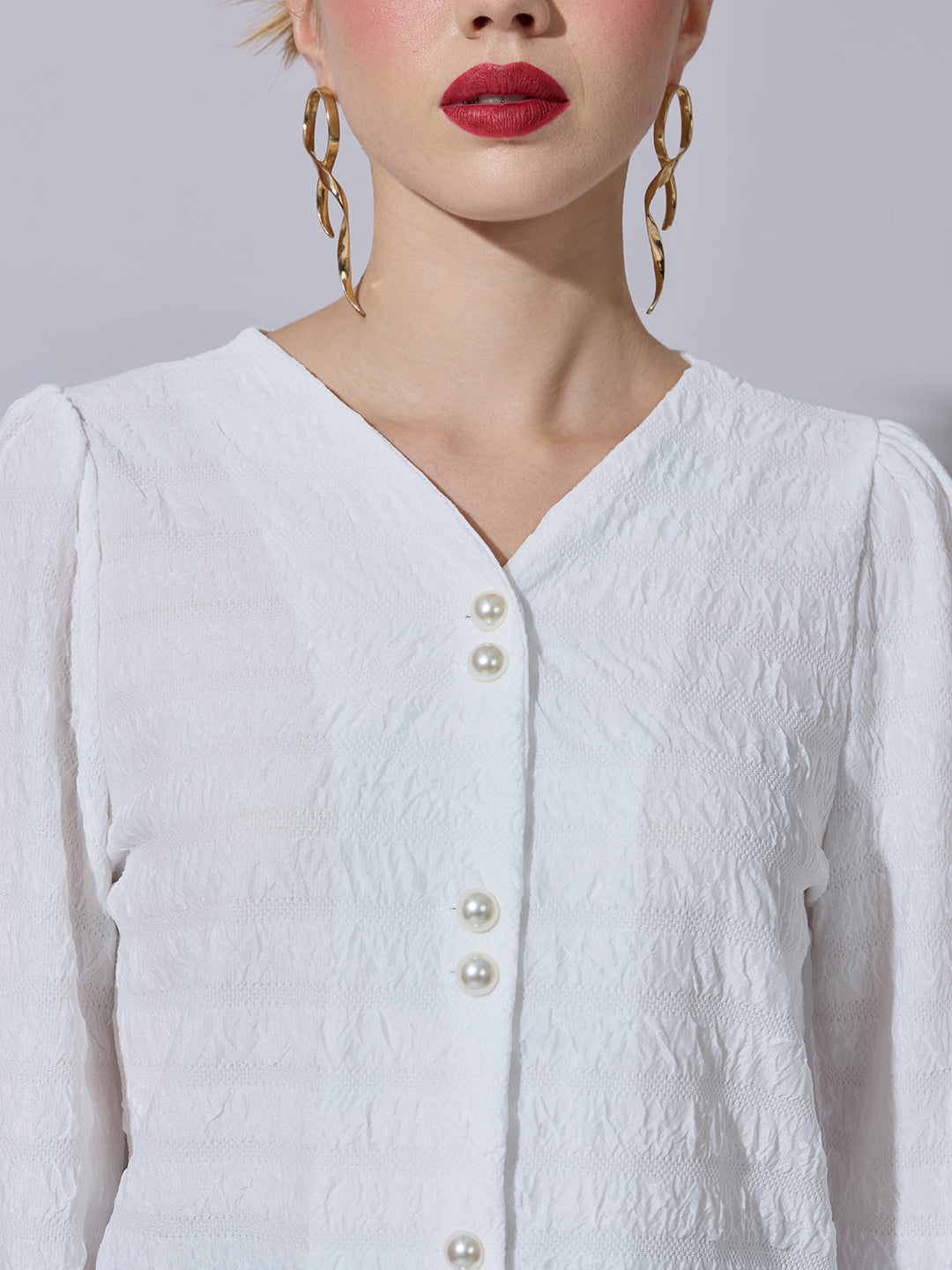 Women's Textured White V-Neck Blouse with Pearl Buttons