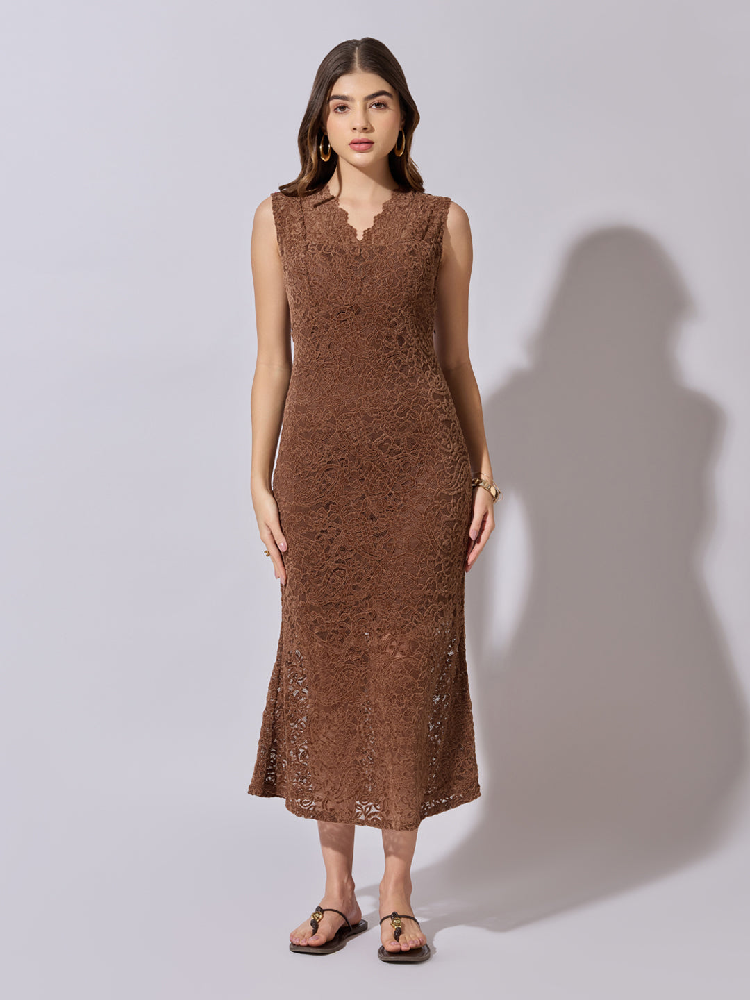 Women's Lace Brown Midi Dress with Scalloped Neck