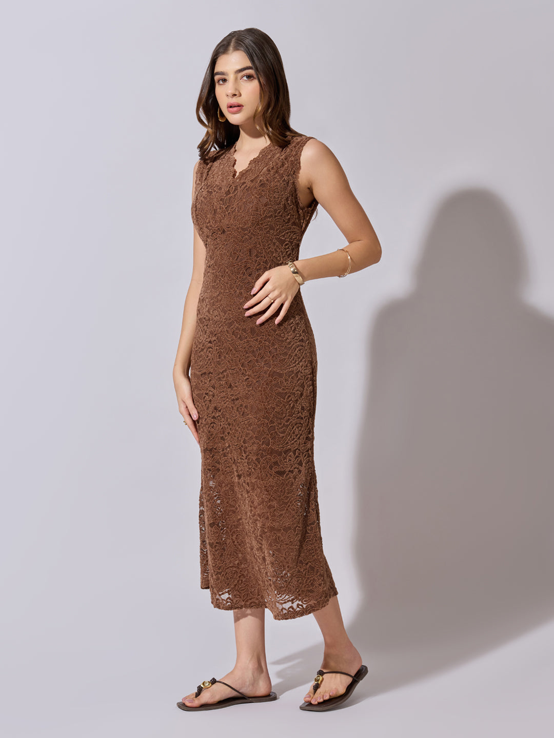 Women's Lace Brown Midi Dress with Scalloped Neck