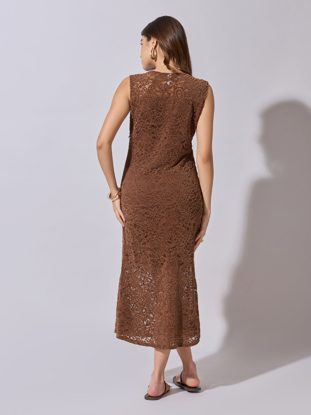 Women's Lace Brown Midi Dress with Scalloped Neck