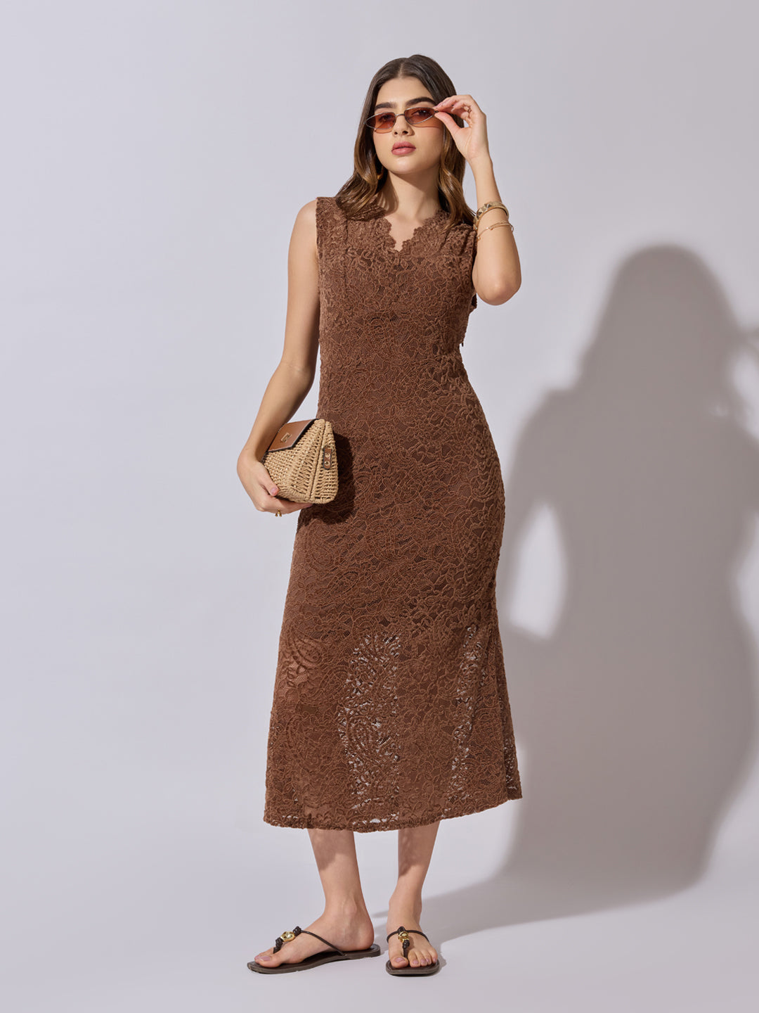 Women's Lace Brown Midi Dress with Scalloped Neck