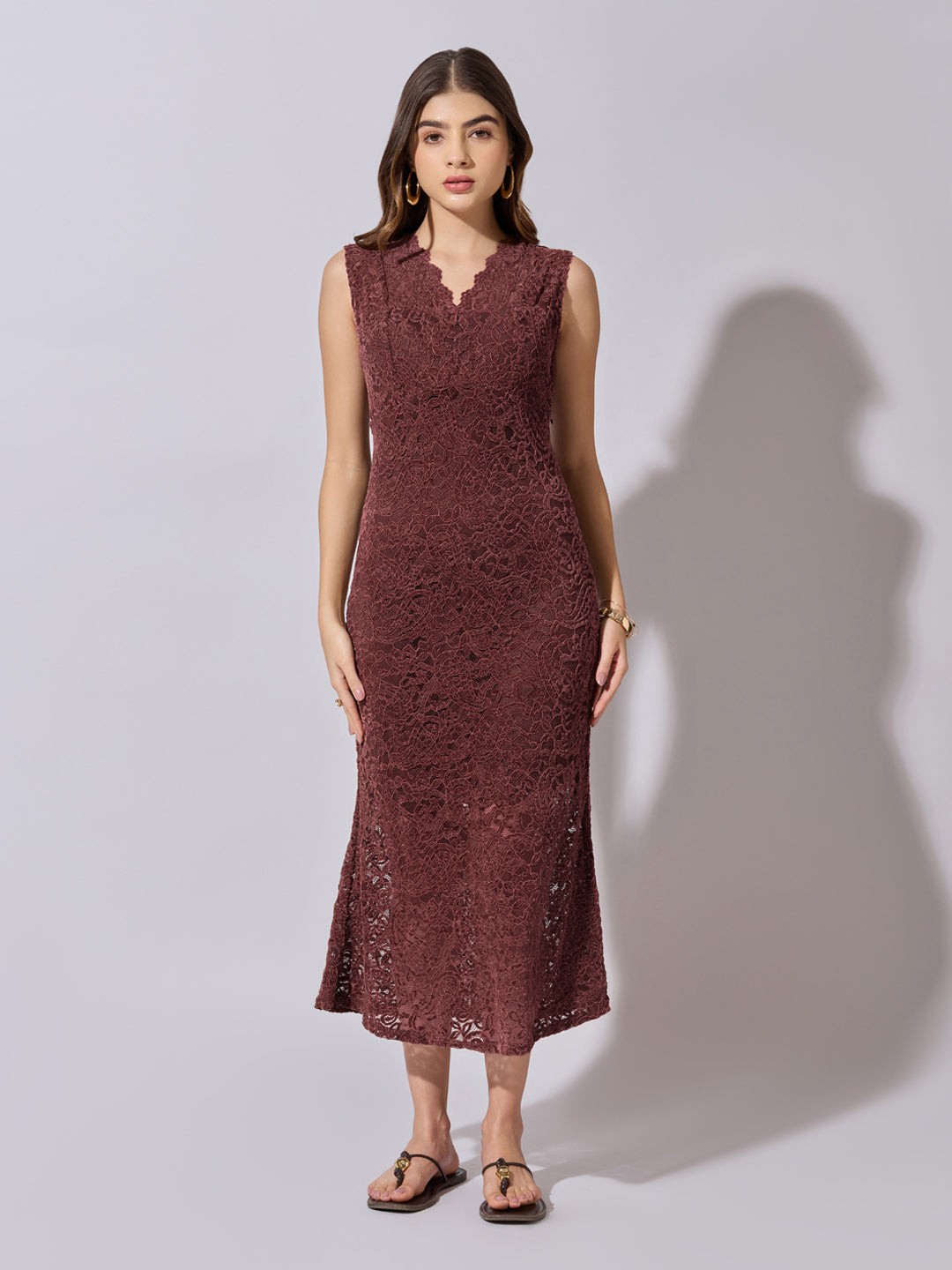 Women's Lace Maroon Midi Dress with Scalloped Neck