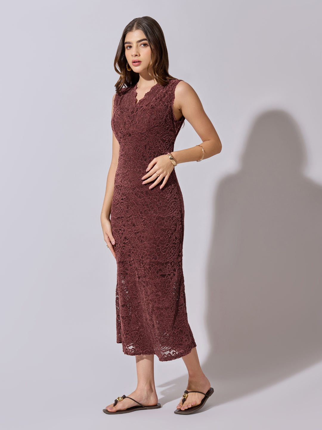 Women's Lace Maroon Midi Dress with Scalloped Neck