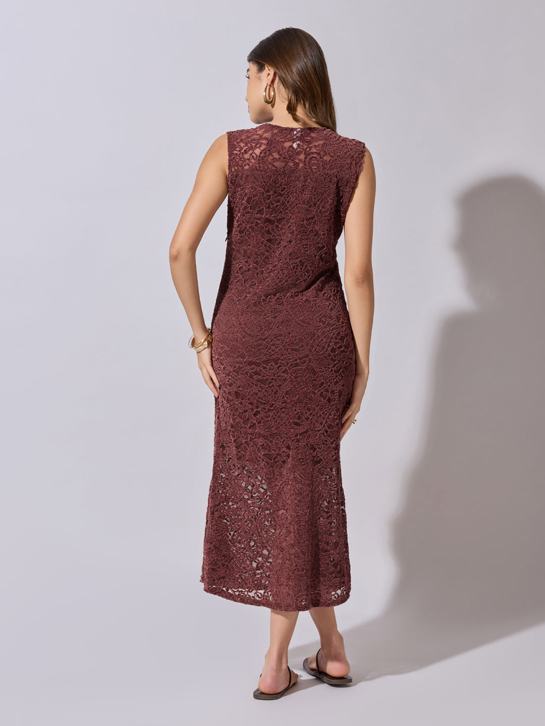 Women's Lace Maroon Midi Dress with Scalloped Neck