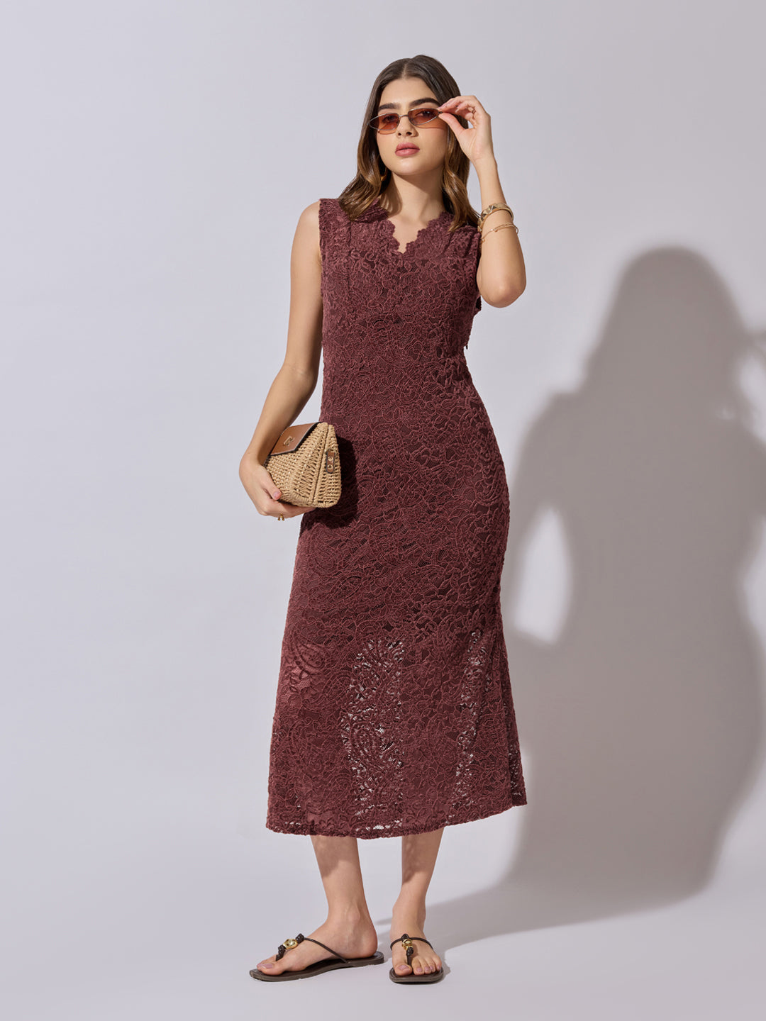 Women's Lace Maroon Midi Dress with Scalloped Neck