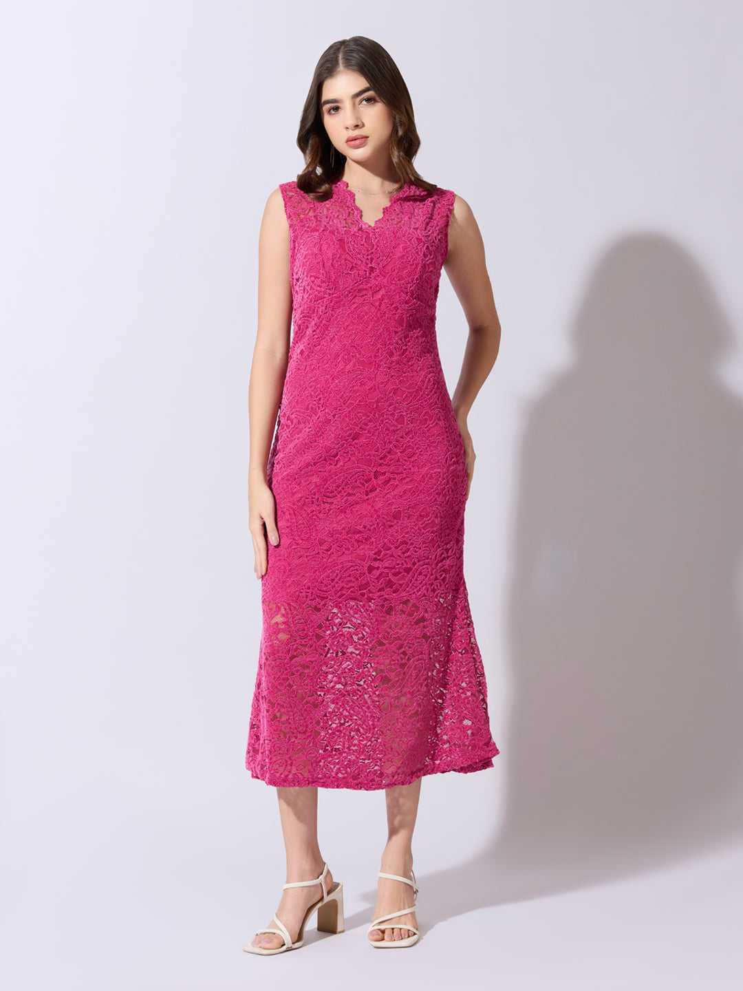 Women's Lace Pink Midi Dress with Scalloped Neck