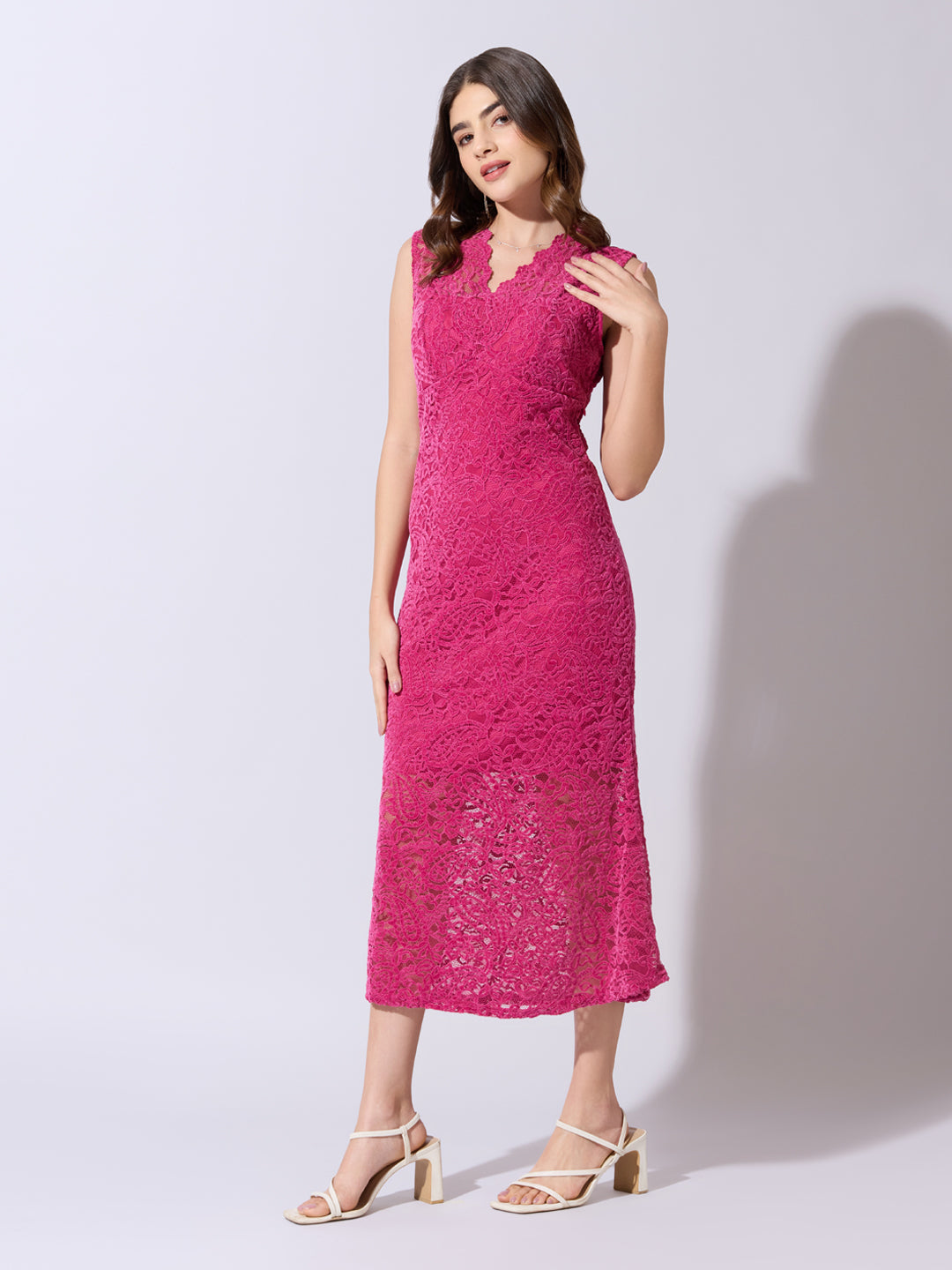 Women's Lace Pink Midi Dress with Scalloped Neck