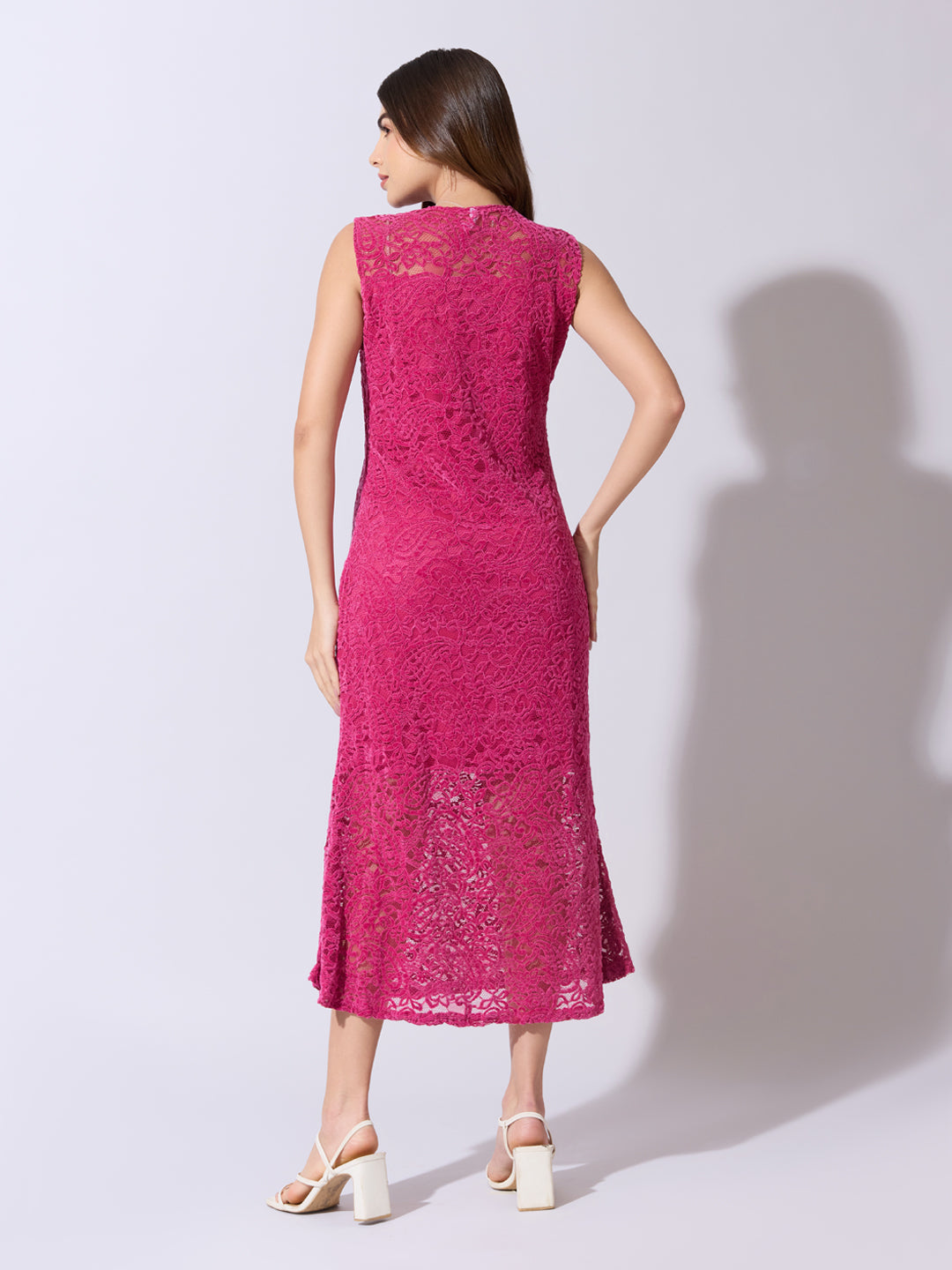 Women's Lace Pink Midi Dress with Scalloped Neck
