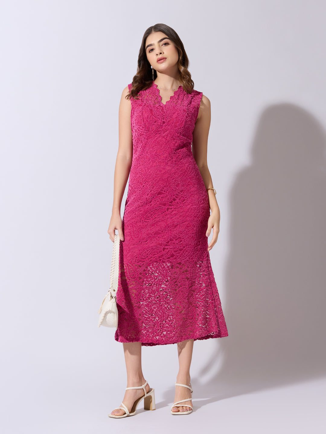Women's Lace Pink Midi Dress with Scalloped Neck