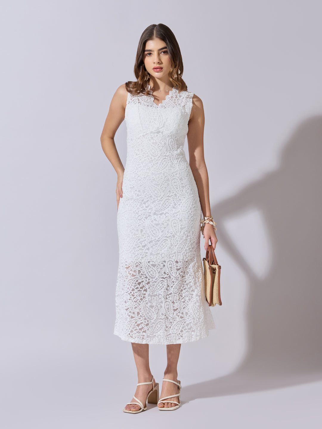 Women's Lace White Midi Dress with Scalloped Neck