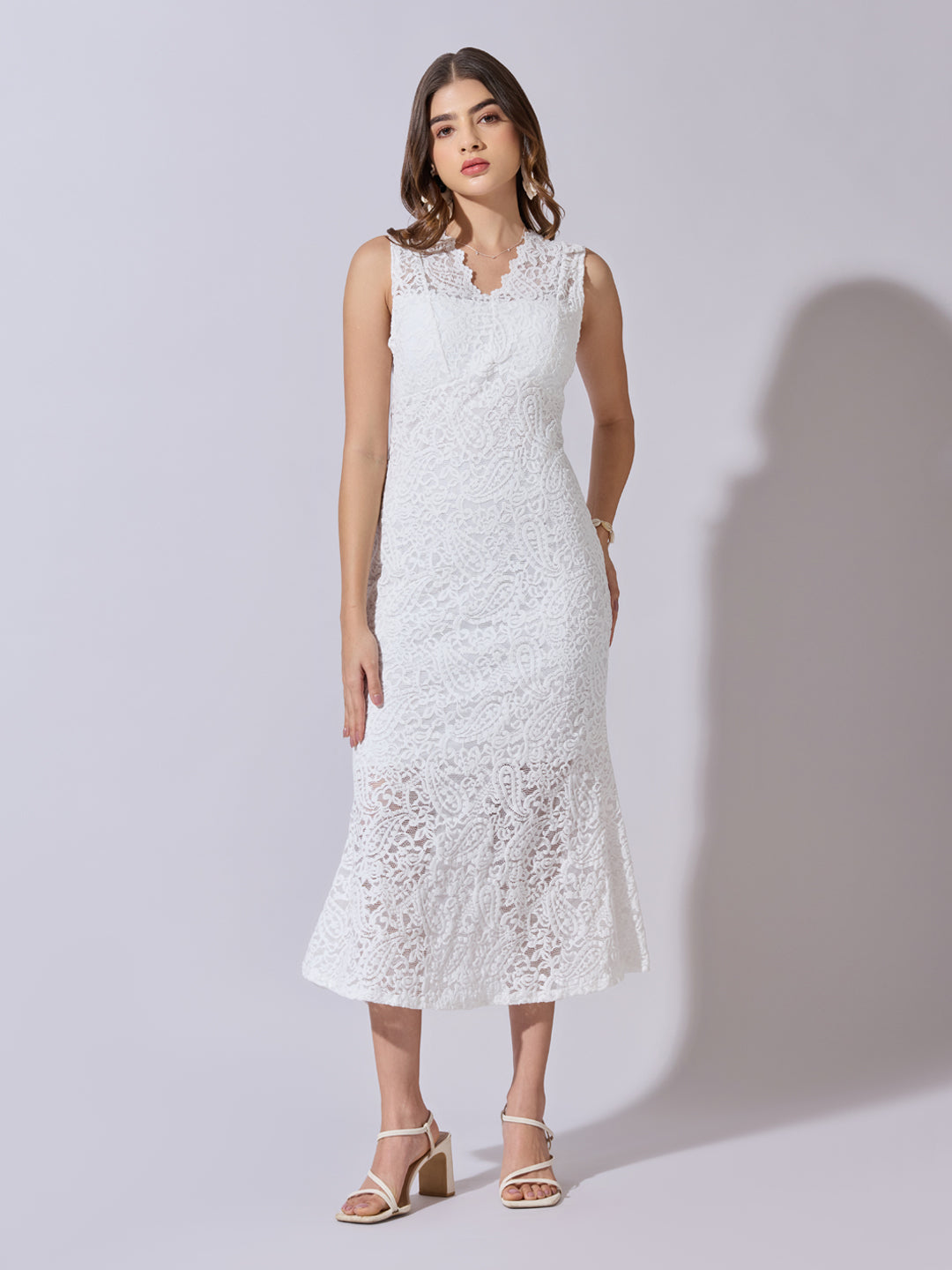 Women's Lace White Midi Dress with Scalloped Neck