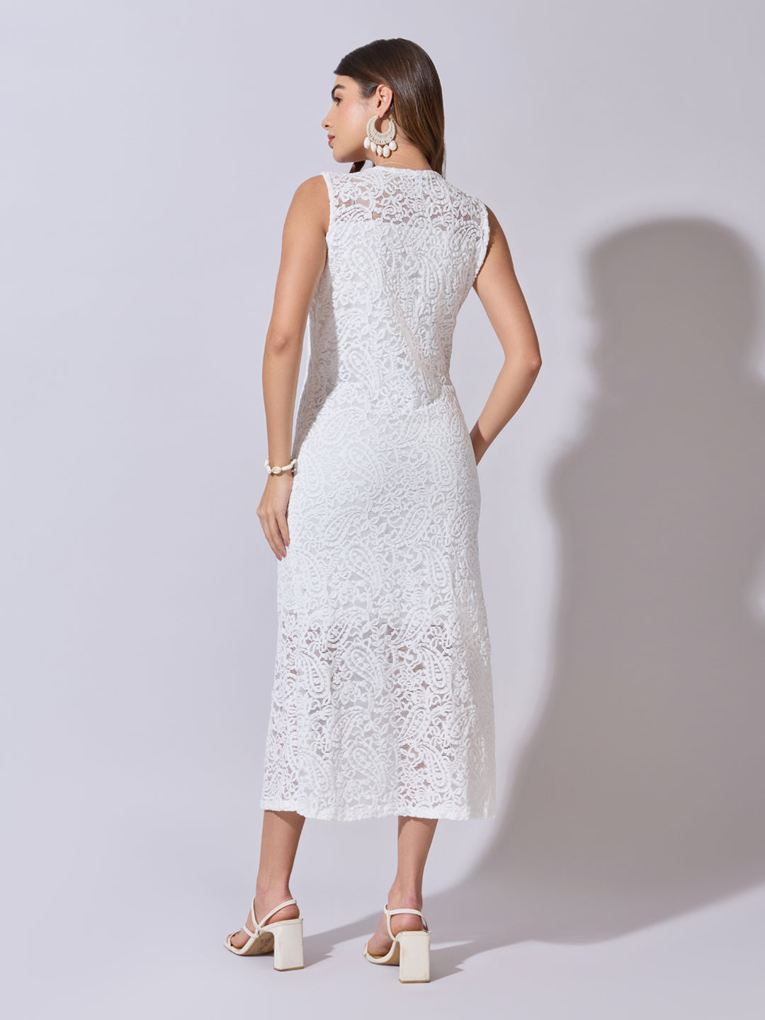 Women's Lace White Midi Dress with Scalloped Neck