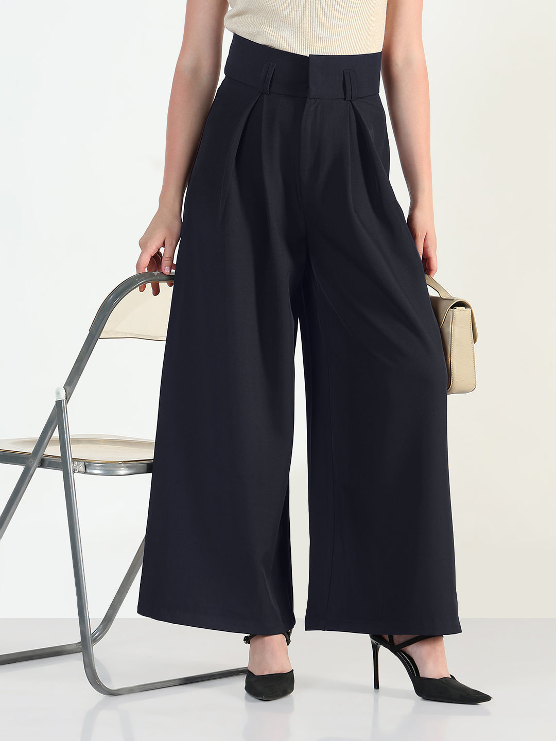 Women's Navy Blue Relaxed Fit Wide Leg Trousers