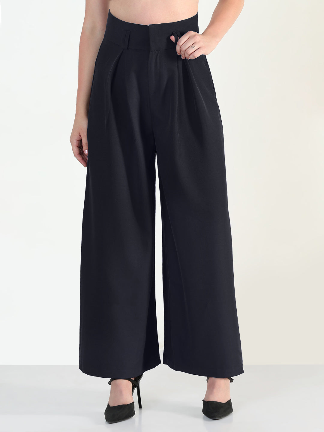 Women's Navy Blue Relaxed Fit Wide Leg Trousers
