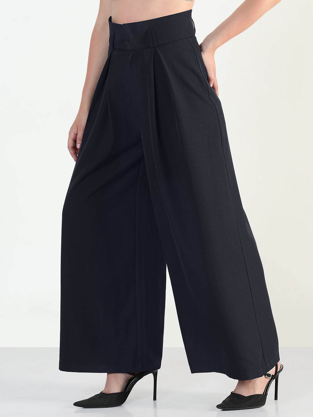 Women's Navy Blue Relaxed Fit Wide Leg Trousers