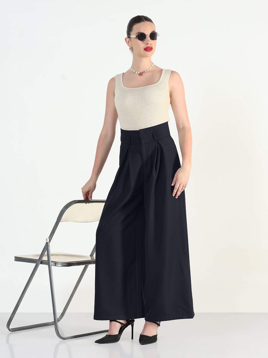 Women's Navy Blue Relaxed Fit Wide Leg Trousers