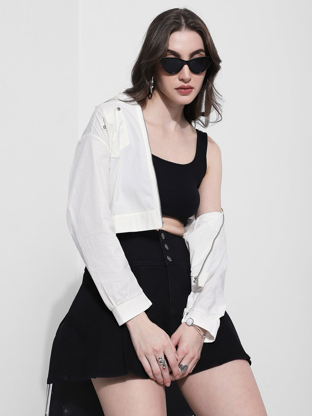 Women's White Zipper Jacket with Utility Pocket