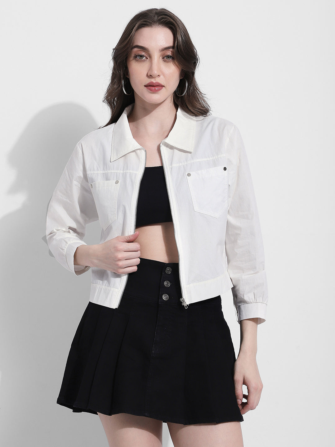 Women's White Zipper Jacket with Utility Pocket