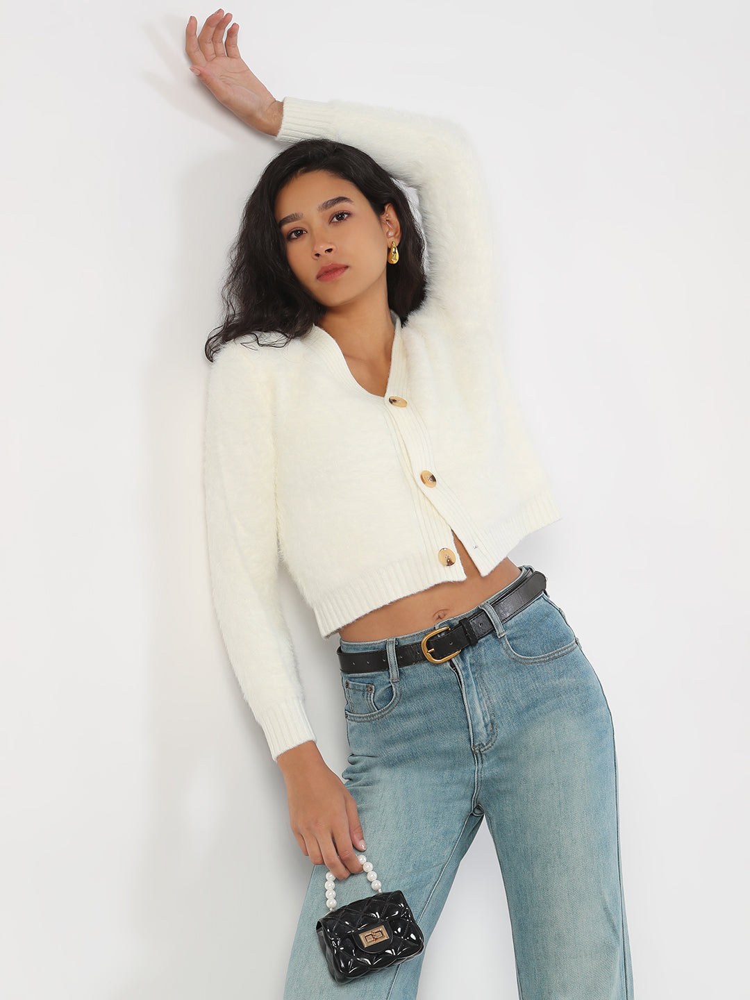 Women V-Neck Solid Cream Cardigan