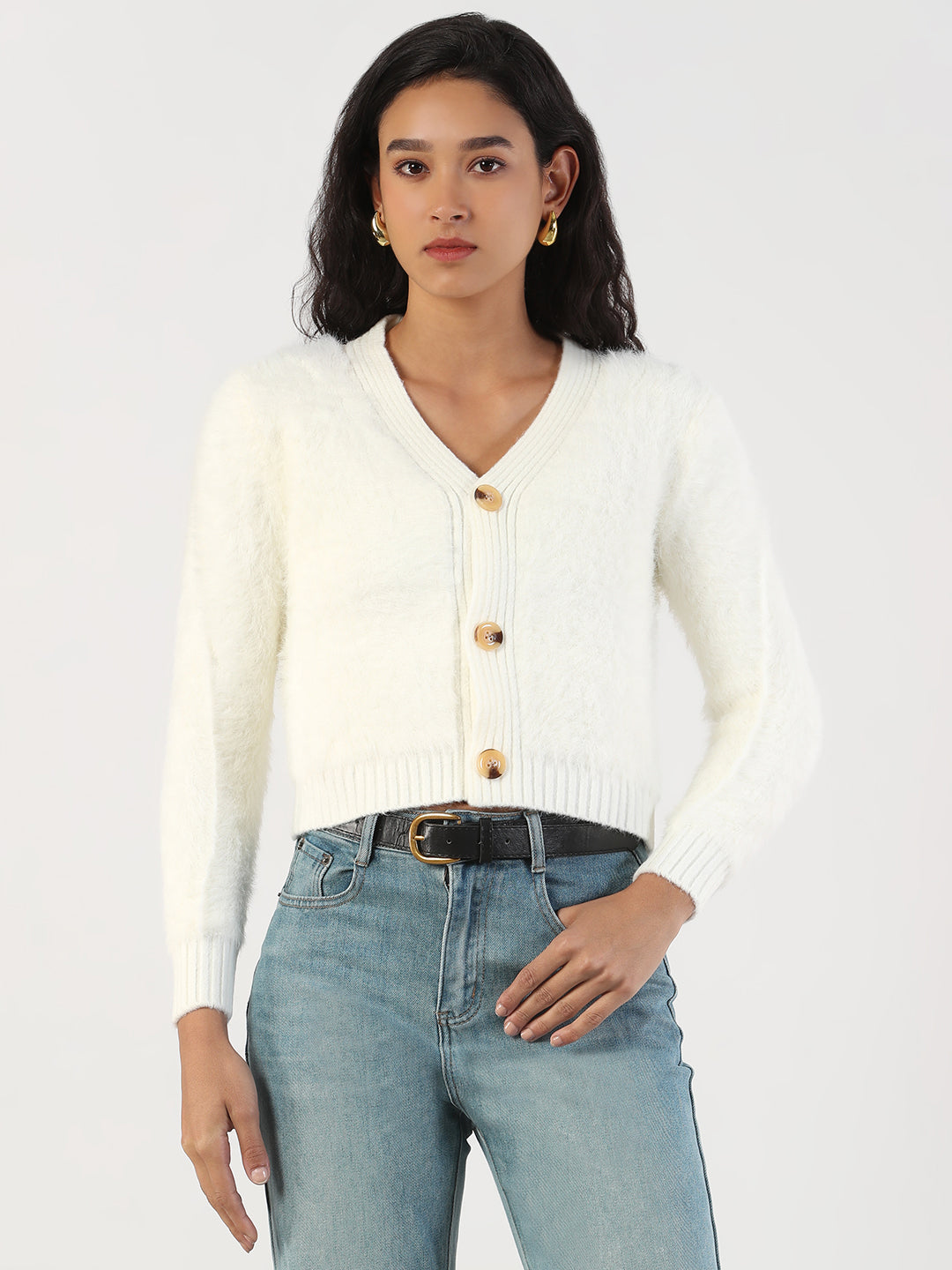 Women V-Neck Solid Cream Cardigan