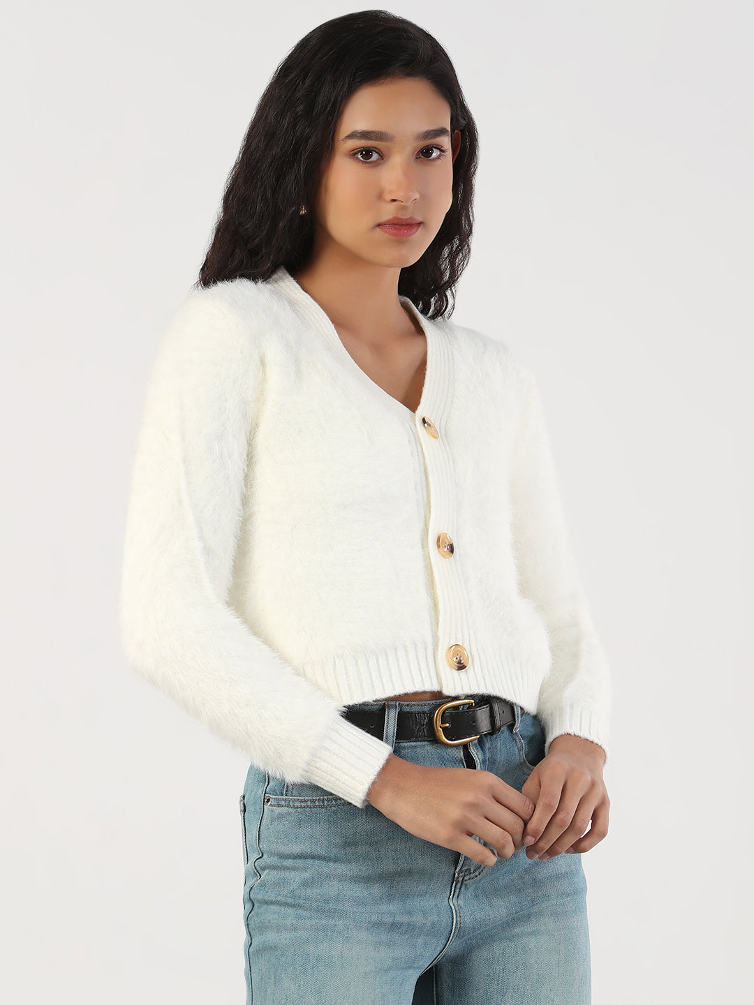 Women V-Neck Solid Cream Cardigan