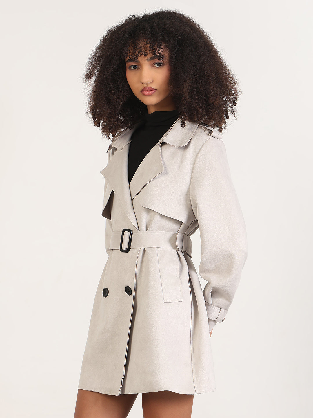 Women's Solid Grey Lapel Collar Trench Coat with Fabric Belt and WristBelt