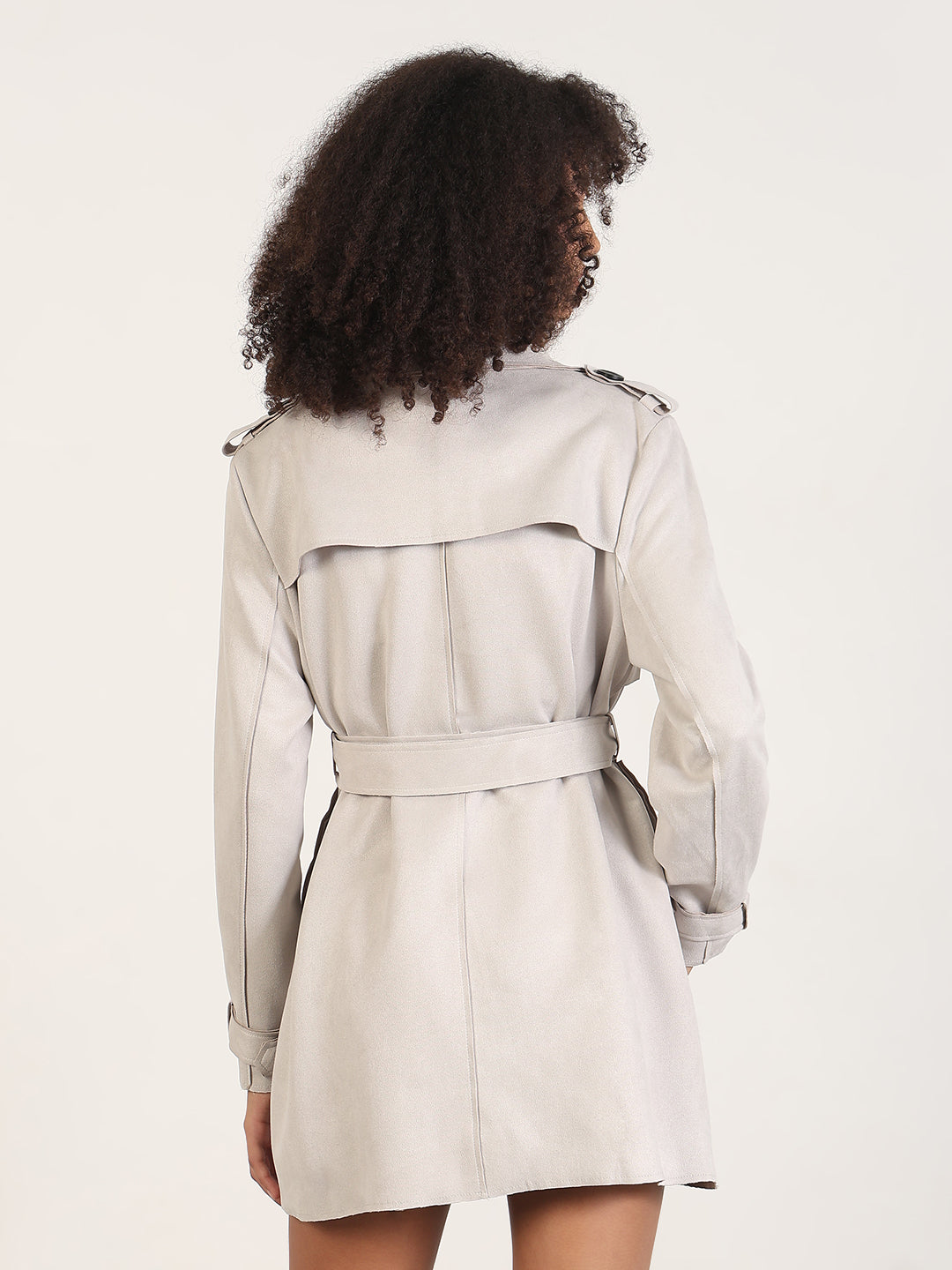 Women's Solid Grey Lapel Collar Trench Coat with Fabric Belt and WristBelt