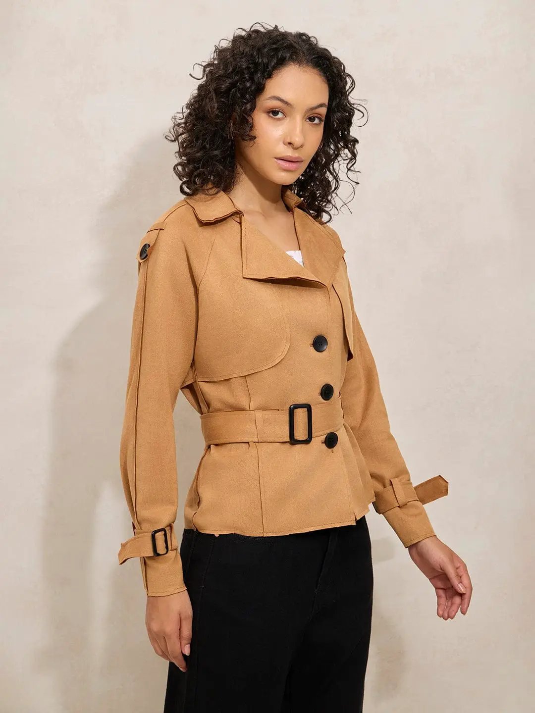 Women's Brown Tailored Jacket with Shoulder Flaps and Belt - from SHOWOFFFF