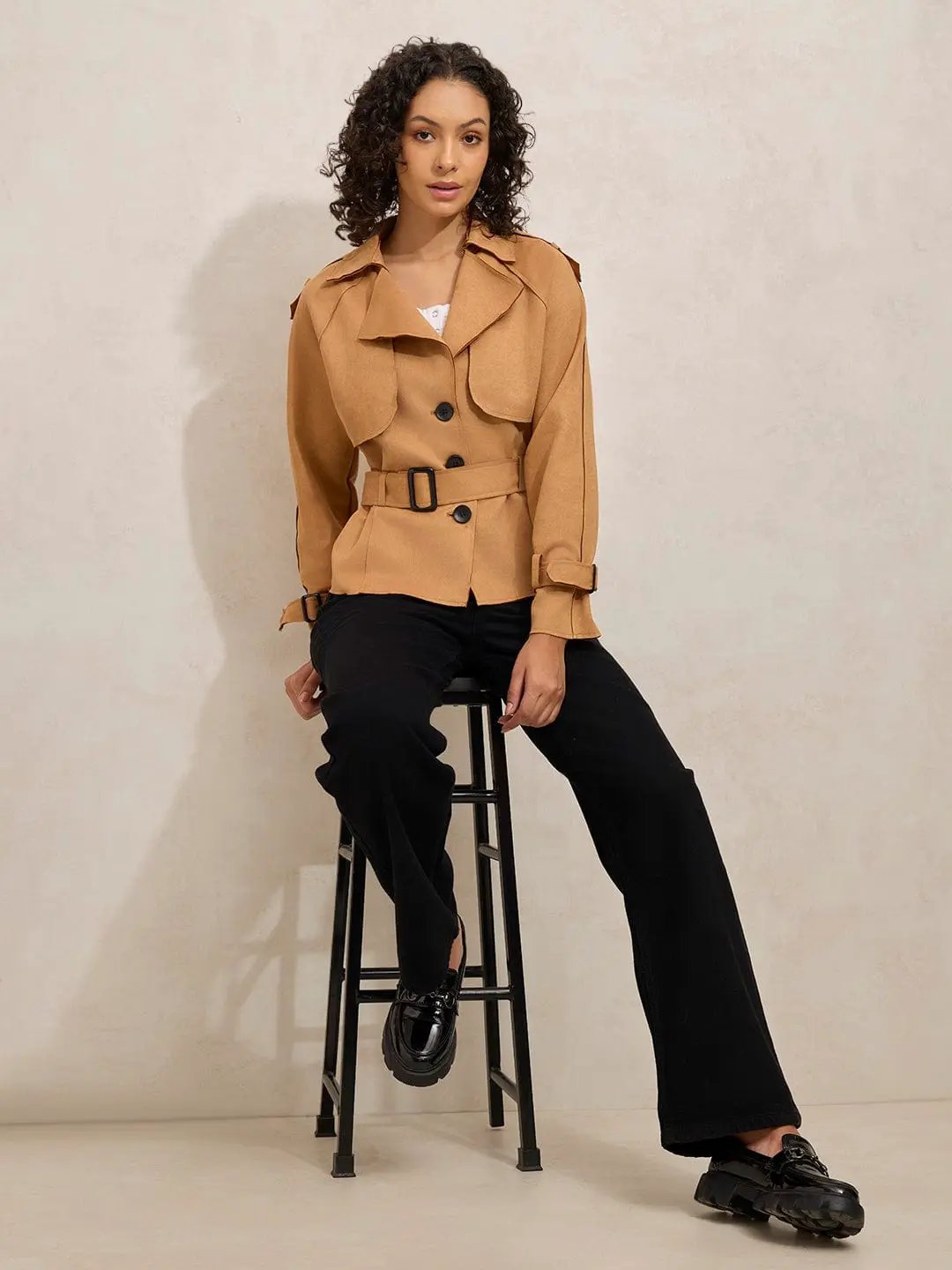 Women's Brown Tailored Jacket with Shoulder Flaps and Belt - from SHOWOFFFF