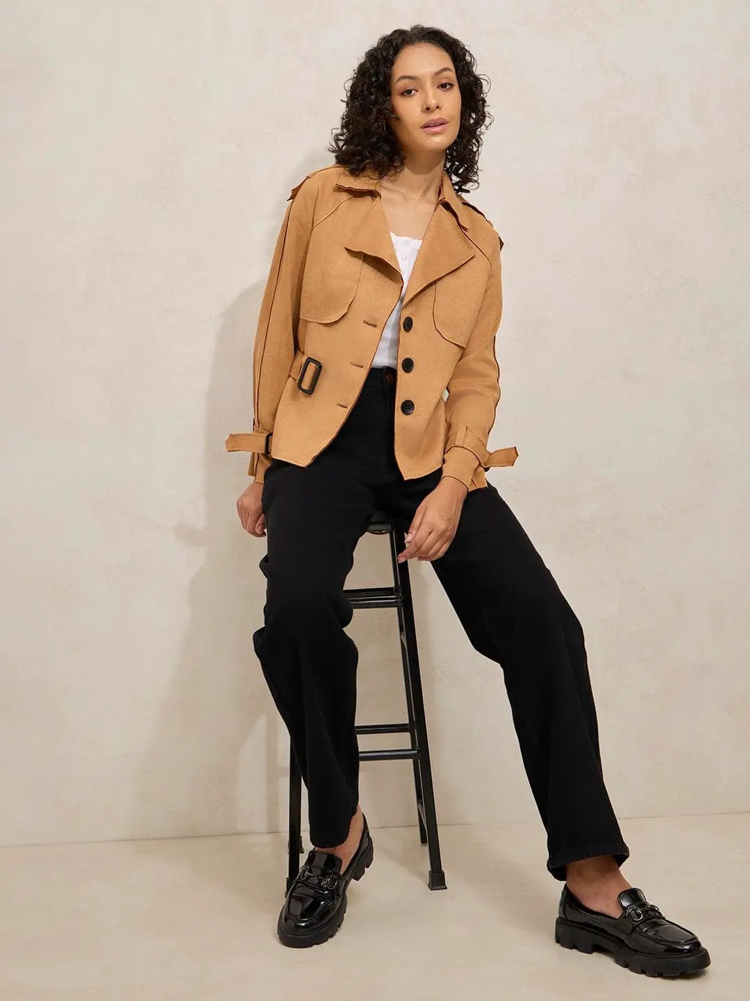 Women's Brown Tailored Jacket with Shoulder Flaps and Belt - from SHOWOFFFF