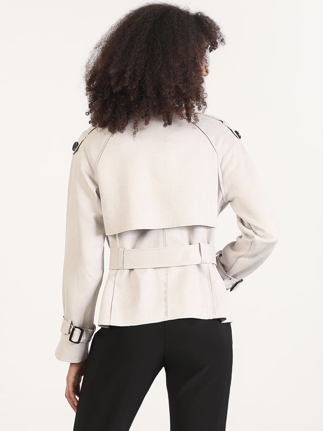 Women's Solid Grey Lapel Collar Tailored Jacket with Fabric Belt and WristBelt