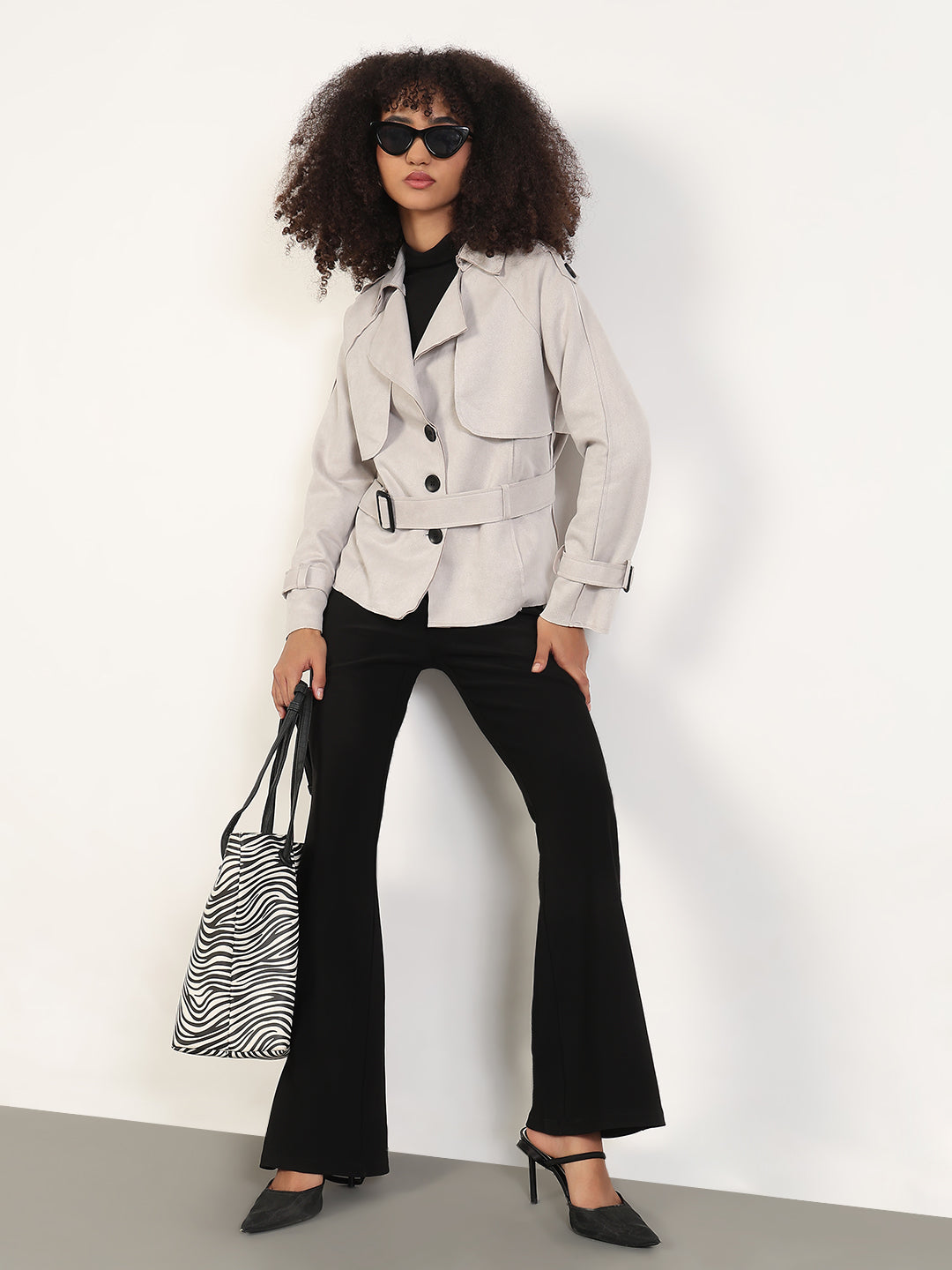 Women's Solid Grey Lapel Collar Tailored Jacket with Fabric Belt and WristBelt