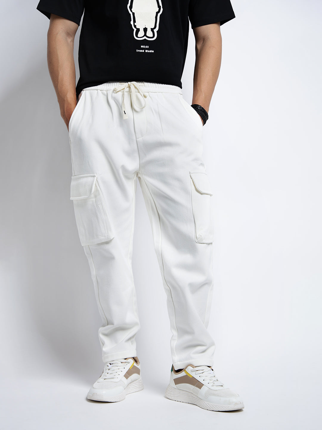 Men's White Tapered Fit Cargo Trousers