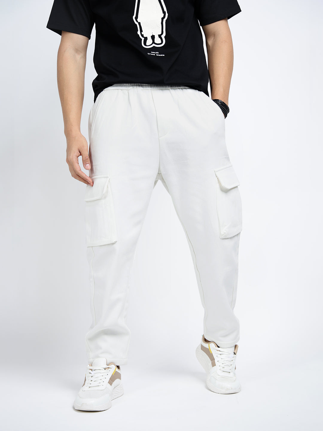 Men's White Tapered Fit Cargo Trousers