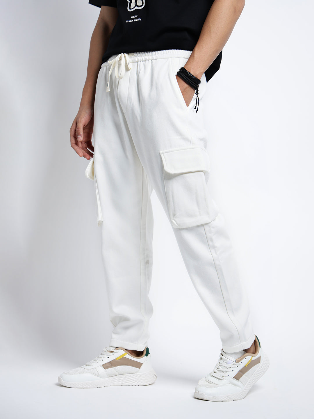 Men's White Tapered Fit Cargo Trousers