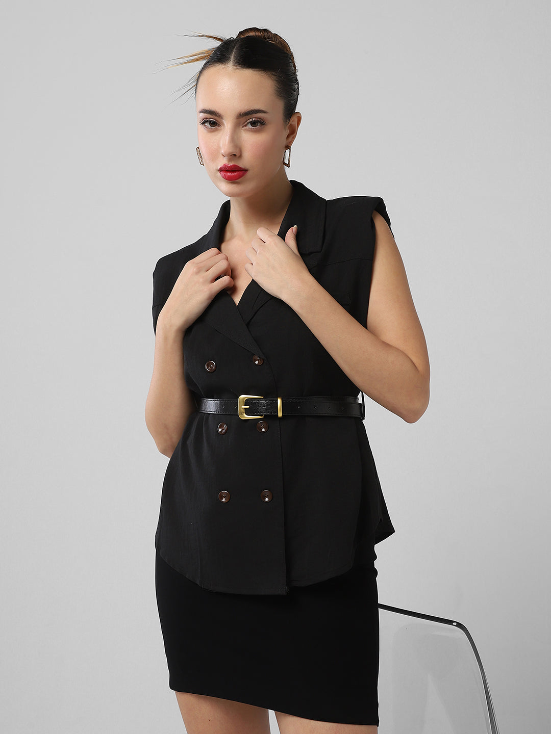 Women Black Solid Blazer Top with Belt