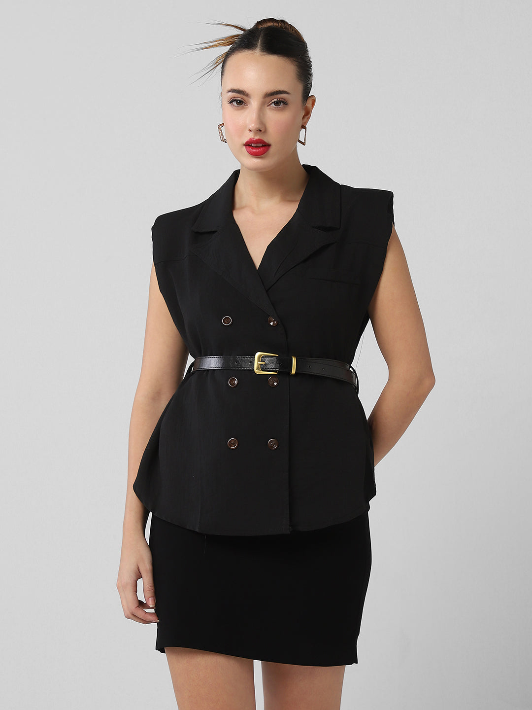 Women Black Solid Blazer Top with Belt