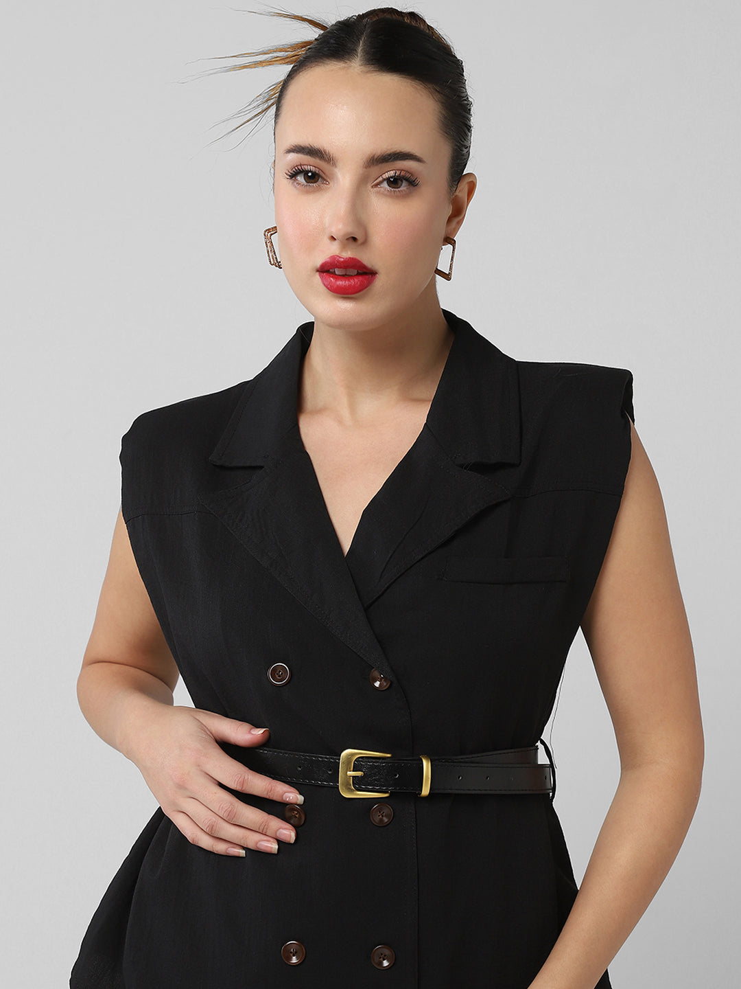 Women Black Solid Blazer Top with Belt