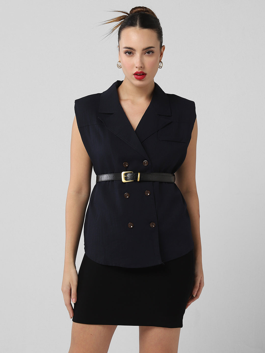 Women Navy Blue Solid Blazer Top with Belt