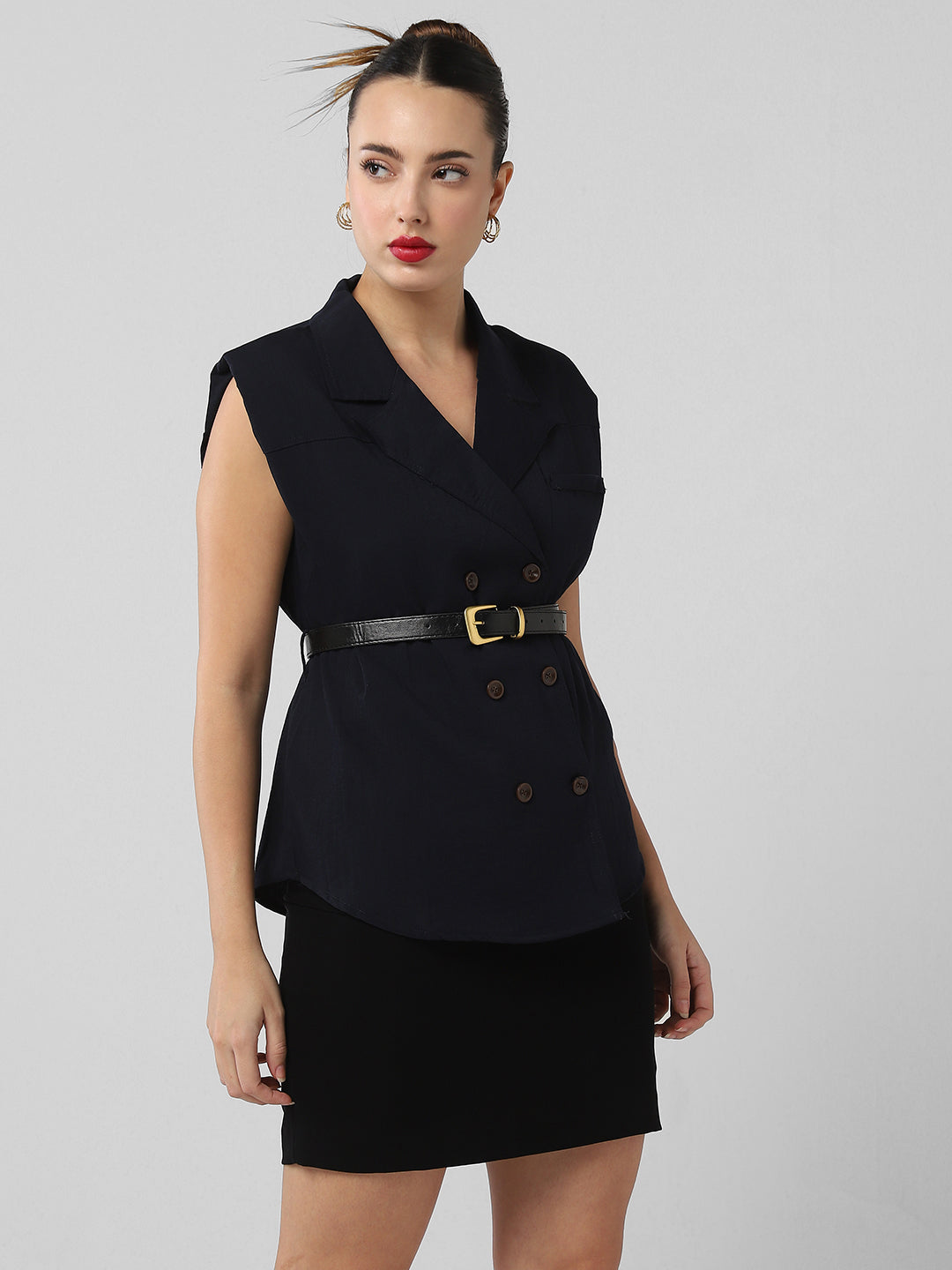 Women Navy Blue Solid Blazer Top with Belt