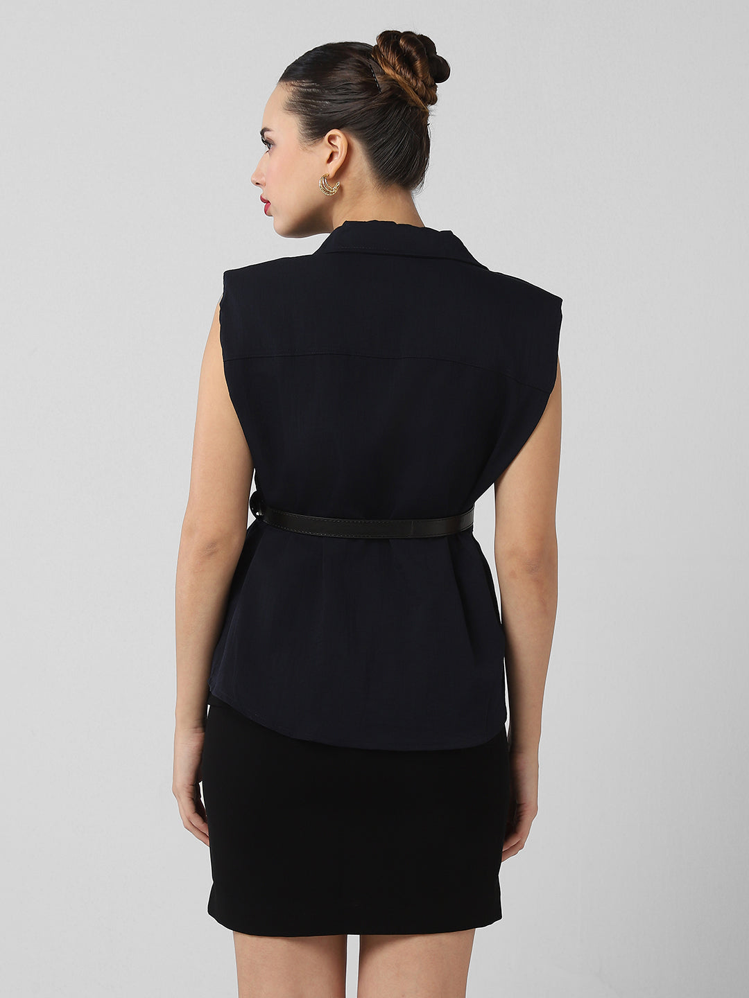 Women Navy Blue Solid Blazer Top with Belt