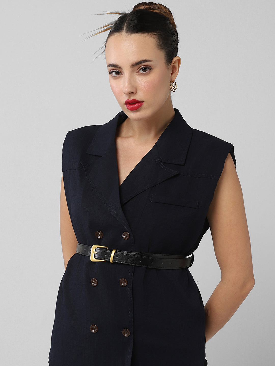 Women Navy Blue Solid Blazer Top with Belt