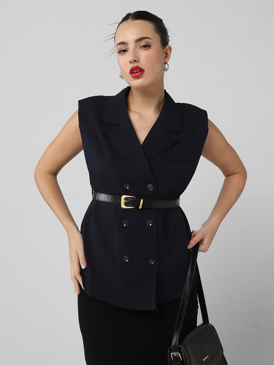 Women Navy Blue Solid Blazer Top with Belt