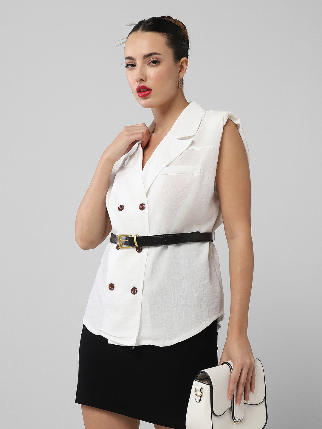 Women White Solid Blazer Top with Belt