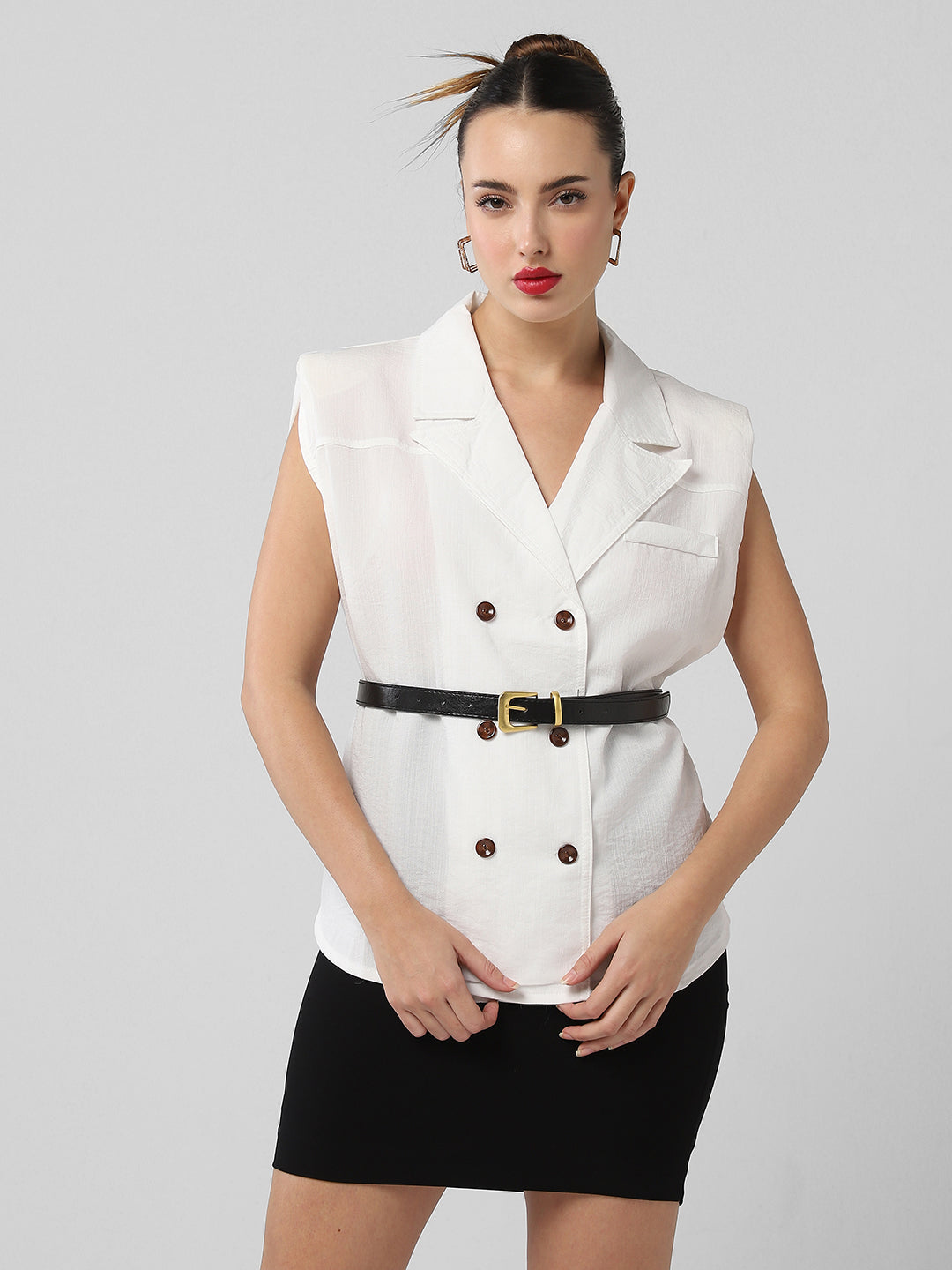 Women White Solid Blazer Top with Belt