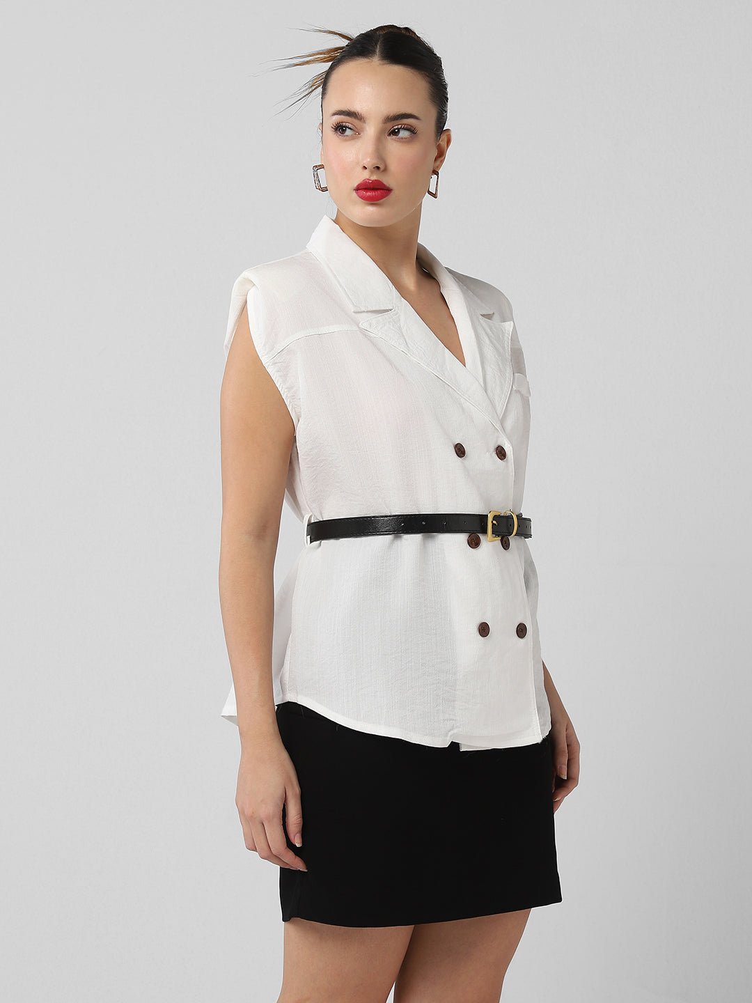 Women White Solid Blazer Top with Belt